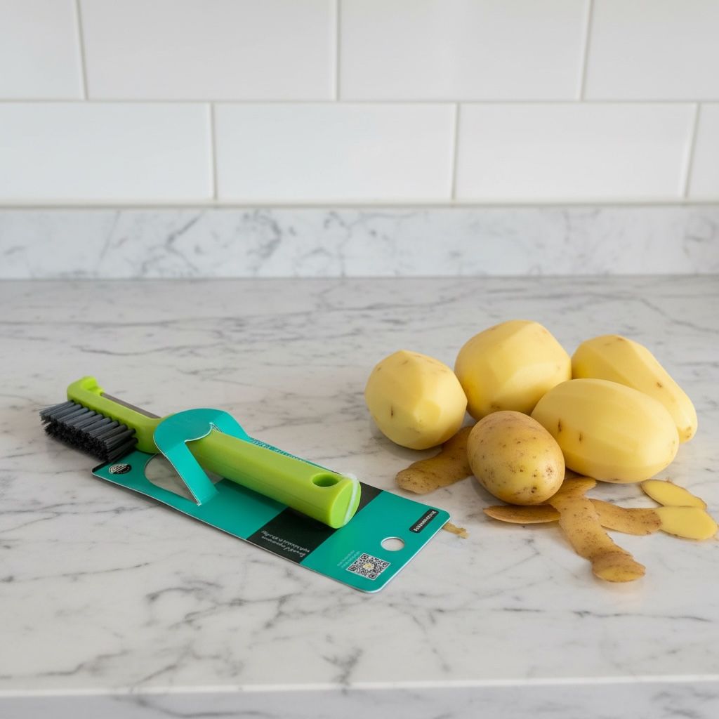 Vegetable and potato peeler with built-in cleaning brush