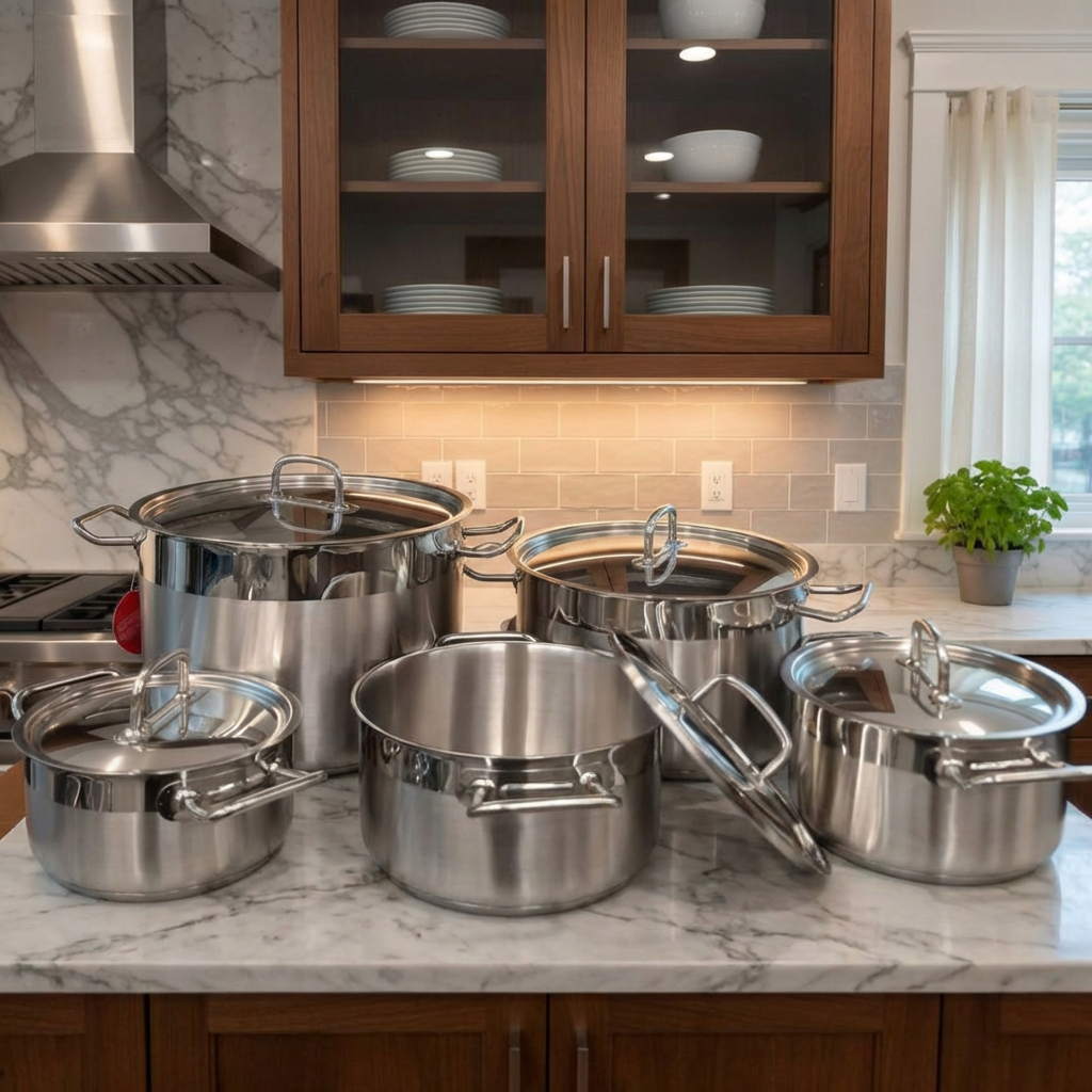 Turkish stainless steel cookware set, 10 pieces, 5 pots